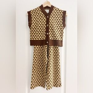Zara Kids Knit Matching Set Geometric Cardigan & Pants Brown Mustard Yellow